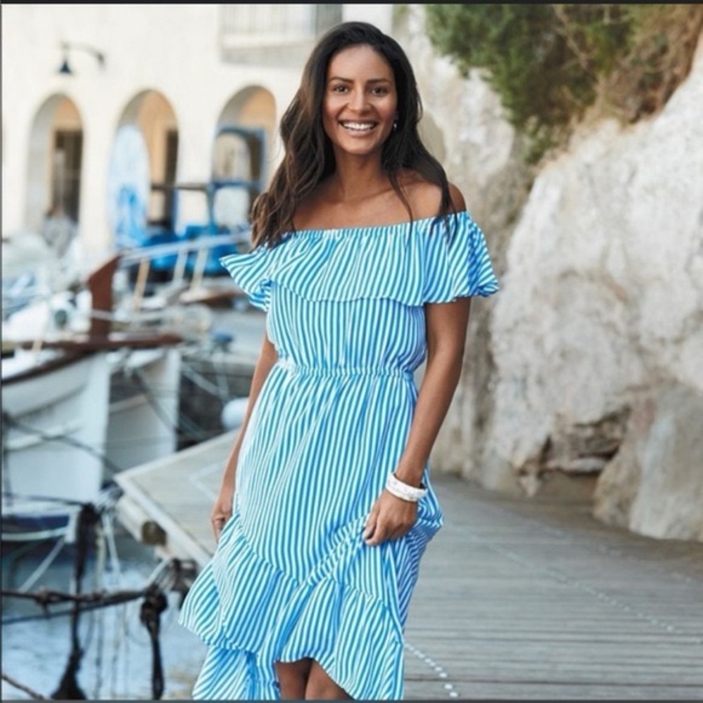 Tommy Bahama Palm Party Off-The-Shoulder Flounce Midi Dress